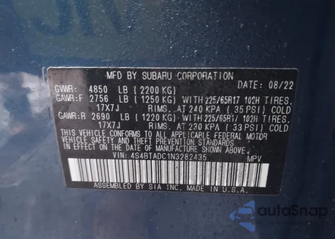 2022 Subaru Outback Premium from USA, damaged, VIN 4S4BTADC1N3282435